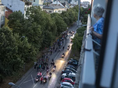 Protesters ride bicycles on Maksima Gorkog Street in Novi Sad, Serbia, on July 17, 2025, dissatisfied with government policies, and they head toward the homes of officials to make noise. (Photo by Maxim Konankov/NurPhoto)NO USE FRANCE