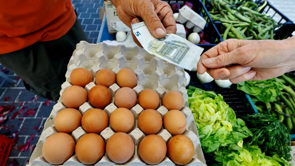 FILE PHOTO: A shopper pays with a five Euro bank note to buy eggs at a local market in Nice, France, April 26, 2023. REUTERS/Eric Gaillard/File Photo