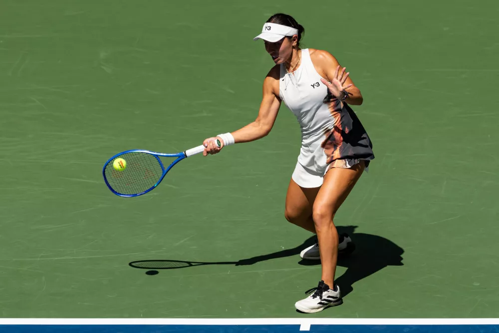 Sep 2, 2025; Flushing, NY, USA; Jessica Pegula of the United States in action against Barbora Krejcikova of Czech Republic in the quarterfinal of the womens singles at the US Open at Arthur Ashe Stadium in Billie Jean King National Tennis Center. Mandatory Credit: Mike Frey-Imagn Images