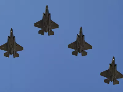 A squadron U.S. Air Force F-35 Lightning II aircraft flyover as President Donald Trump greets Polish President Karol Nawrocki at the White House, Wednesday, Sept. 3, 2025, in Washington. (AP Photo/Alex Brandon)