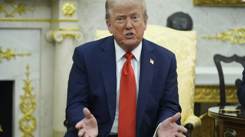 President Donald Trump speaks during a meeting with Polish President Karol Nawrocki in the Oval Office of the White House, Wednesday, Sept. 3, 2025, in Washington. (AP Photo/Evan Vucci)
