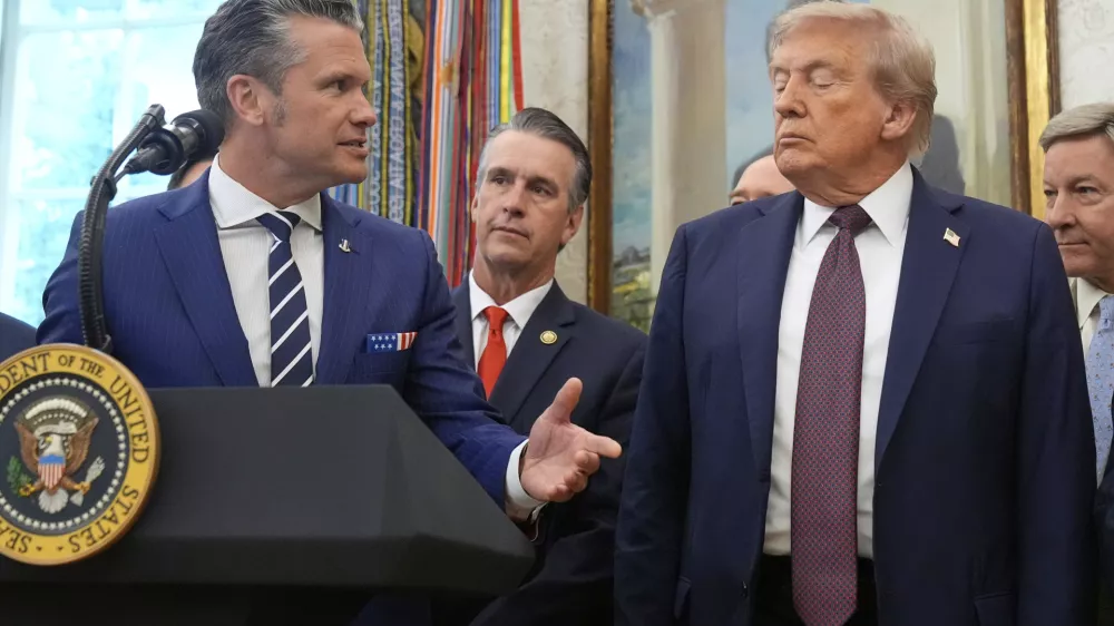 Defense Secretary Pete Hegseth speaks at an event with President Donald Trump on the relocation of U.S. Space Command headquarters from Colorado to Alabama in the Oval Office of the White House, Tuesday, Sept. 2, 2025, in Washington. (AP Photo/Mark Schiefelbein)