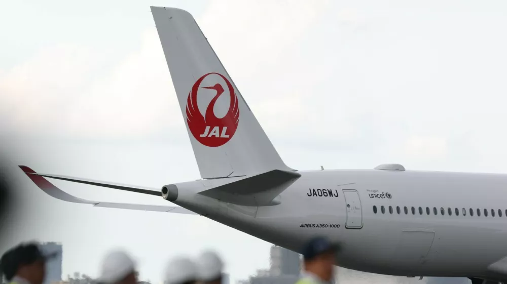 The vertical tail of a Japan Airlines Airbus A350-1000 aircraft at Haneda Airport in Tokyo, Sunday, July 13, 2025 (Jiji Press),Image: 1023029153, License: Rights-managed, Restrictions:, Model Release: no