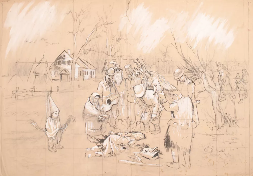 France Mihelič, Mrtvi kurent – študija, 1938, črna kreda, gvaš in svinčnik, PMPO / Foto: Arhiv Pmpo 