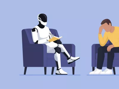 Psychologist AI humanoid robot talking with a sad depressed patient, artificial intelligence and psychology concept / Foto: Elenabs