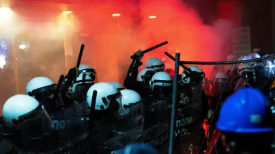 Anti-government protestors clash with riot police, during a protest against what the demonstrators say is an increase in police brutality, Novi Sad, Serbia, September 5, 2025. REUTERS/Djordje Kojadinovic