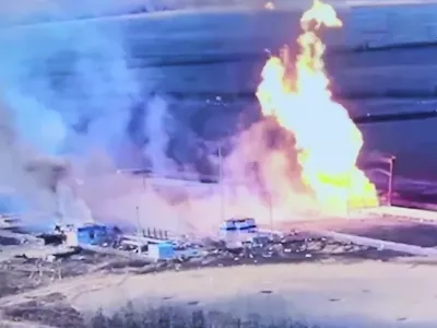 This photo taken from video distributed by Russian Defense Ministry Press Service on Friday, March 28, 2025, shows what it says is a blaze at a gas metering station in Sudzha after a Ukrainian strike in the Kursk region of Russia. (Russian Defense Ministry Press Service via AP)