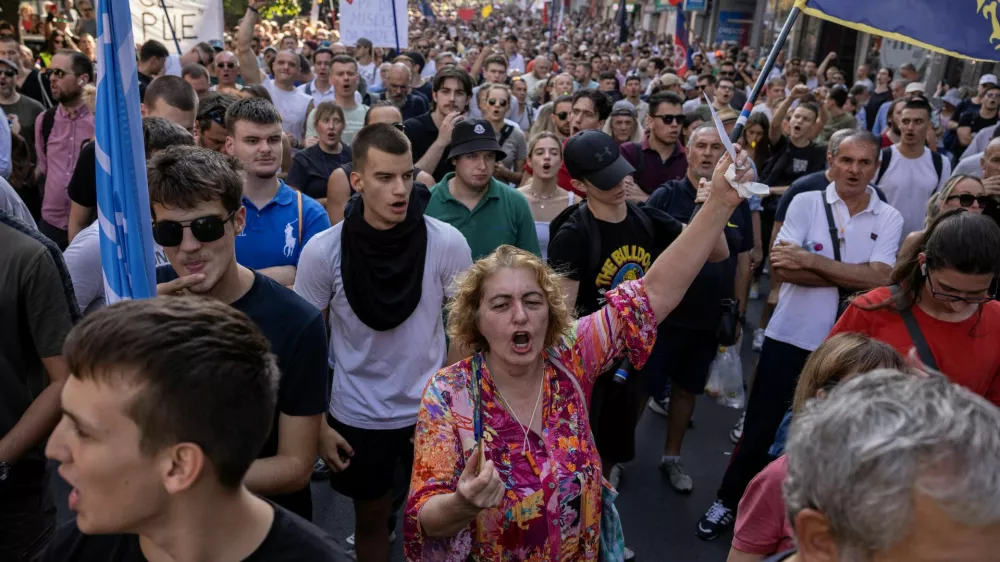 Protesters march against what they say is increased police brutality, after months of protests sparked by the deaths of 16 people when a railway concrete canopy collapsed in Novi Sad in November 2024, triggering allegations of corruption and negligence, in Belgrade, Serbia, September 8, 2025. REUTERS/Marko Djurica