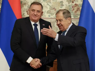 Russia's Foreign Minister Sergei Lavrov and Milorad Dodik, who was recently stripped of his mandate as the autonomous Serb Republic's president by Bosnia's election commission, attend a news conference following their talks in Moscow, Russia, September 9, 2025. Sergei Ilnitsky/Pool via REUTERS