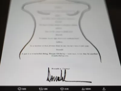 This image posted Monday, Sept. 8, 2025, on the X account of the Democrats on the House Oversight Committee shows a sexually suggestive birthday note to Jeffrey Epstein alluding to a "wonderful secret" and purportedly signed by President Donald Trump, who has denied sending the note. (@OversightDems/X via AP)