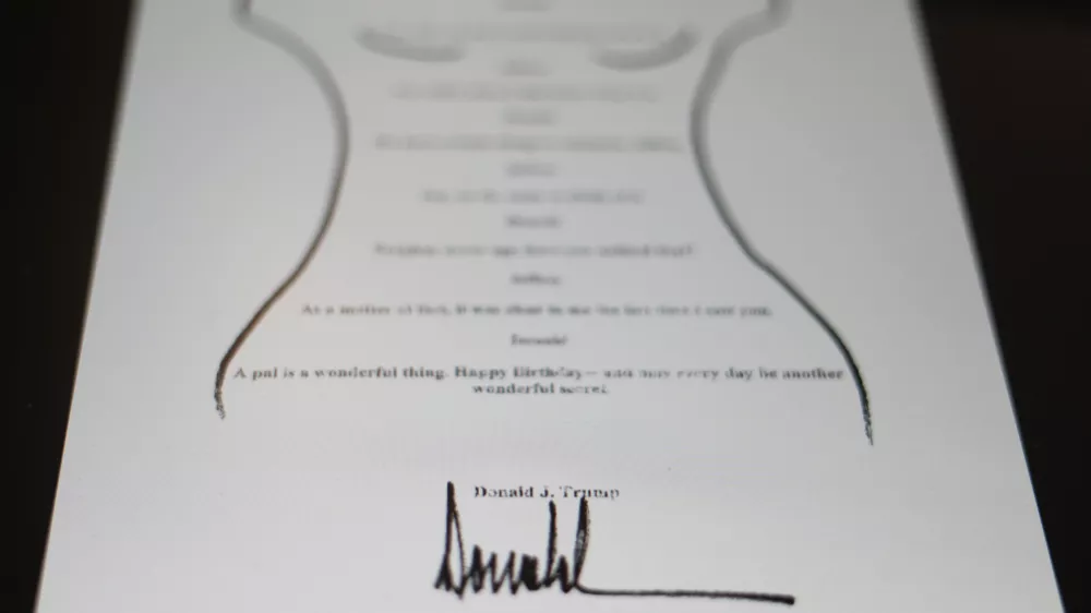 This image posted Monday, Sept. 8, 2025, on the X account of the Democrats on the House Oversight Committee shows a sexually suggestive birthday note to Jeffrey Epstein alluding to a "wonderful secret" and purportedly signed by President Donald Trump, who has denied sending the note. (@OversightDems/X via AP)