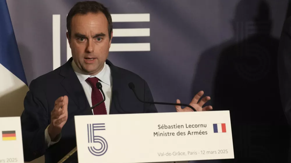 FILE - French Defense Minister Sebastien Lecornu speaks during a press conference after a meeting with EU defense ministers to discuss support for Ukraine and European defense in Paris, March 12, 2025. (AP Photo/Aurelien Morissard, File)