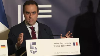 FILE - French Defense Minister Sebastien Lecornu speaks during a press conference after a meeting with EU defense ministers to discuss support for Ukraine and European defense in Paris, March 12, 2025. (AP Photo/Aurelien Morissard, File)