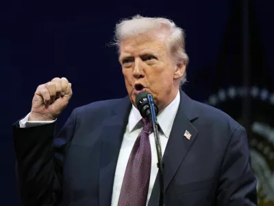 President Donald Trump speaks at a hearing of the Religious Liberty Commission at the Museum of the Bible, Monday, Sept. 8, 2025, in Washington. (AP Photo/Alex Brandon)