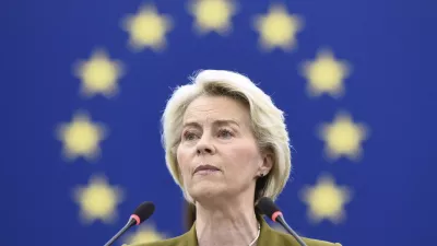 European Commission President Ursula von der Leyen delivers a major state of the union speech at the European Parliament in Strasbourg, eastern France, Wednesday, Sept. 10, 2025. (AP Photo/Pascal Bastien)