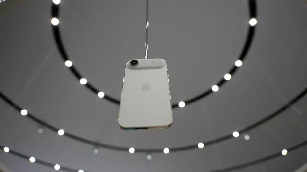 An iPhone Air hangs during an Apple's event at the Steve Jobs Theater on its campus in Cupertino, California, U.S. September 9, 2025. REUTERS/Manuel Orbegozo
