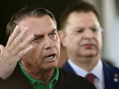 Former Brazilian President Jair Bolsonaro speaks to the press at the Federal Senate in Brasilia on July 17, 2025. Brazilija, Jair Bolsonaro, politika, državni udar, obtožbe