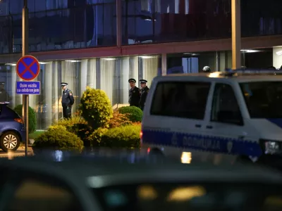 Bosnian Serb police forces secure an area where Republika Srpska President Milorad Dodik was meeting with local mayors in Sarajevo, Bosnia and Herzegovina, April 23, 2025. REUTERS/Amel Emric