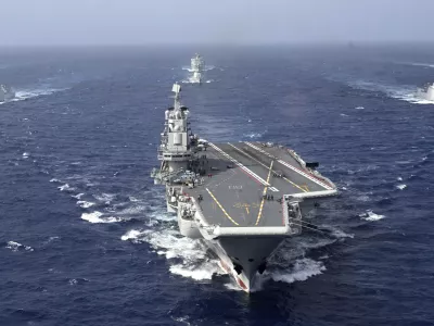 FILE - In this photo released by Xinhua News Agency, conventionally powered Chinese aircraft carrier Liaoning carries out a dual aircraft carrier formation exercise with the Shandong aircraft carrier, unseen, for the first time in the South China Sea in late October 2024. (Pu Haiyang/Xinhua via AP,File)