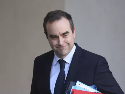 FILE - French Defense Minister Sebastien Lecornu leaves the first cabinet meeting of the new government, at the Elysee Palace in Paris, Friday, Jan. 3, 2025. (AP Photo/Thomas Padilla, File)