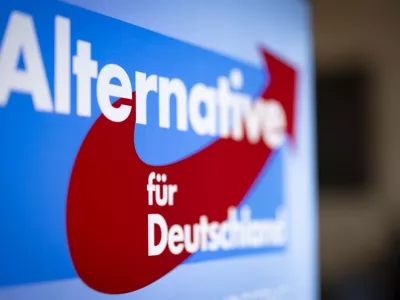 FILED - 24 February 2024, North Rhine-Westphalia, Marl: A view of a stand with the words "Alternative for Germany" and the AfD logo. Photo: Christoph Reichwein/dpa