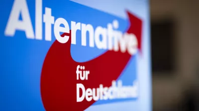 FILED - 24 February 2024, North Rhine-Westphalia, Marl: A view of a stand with the words "Alternative for Germany" and the AfD logo. Photo: Christoph Reichwein/dpa