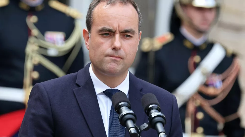 FILE PHOTO: France's newly-appointed Prime Minister Sebastien Lecornu reacts as he speaks at the end of the handover ceremony at the Hotel Matignon in Paris on September 10, 2025. LUDOVIC MARIN/Pool via REUTERS/File Photo