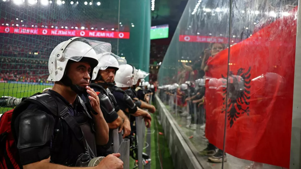 Soccer Football - World Cup - European Qualifiers - Group K - Albania v Serbia - Arena Kombetare, Tirana, Albania - June 7, 2025 Riot police are seen during the match REUTERS/Florion Goga