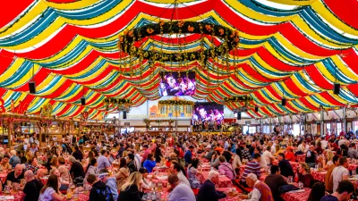 Munich, Germany - April 23: typical bavarian beertent with guests and decoration at the annual spring festival (Frühlingsfest) in Munich on April 23, 2023