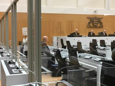 The defendant Sulaiman A stands in the courtroom of the Higher Regional Court in Stuttgart-Stammheim, Germany, on September 16, 2025, for his trial verdict for murdering a police officer and injureing five others with suspected Islamist motives at an anti-Islam rally at a market square in Mannheim in late May 2024. THOMAS KIENZLE/Pool via REUTERS