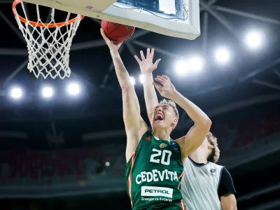 Miha Cerkvenik in action during preseason friendly match between Cedevita Olimpija and Cedevita Zagreb in Ljubljana, Slovenia on September 12, 2025. Photo: Filip Barbalic