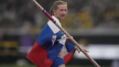 Slovenia's Tina Sutej reacts after ending her attempts in the women's pole vault final at the World Athletics Championships in Tokyo, Wednesday, Sept. 17, 2025. (AP Photo/Louise Delmotte)