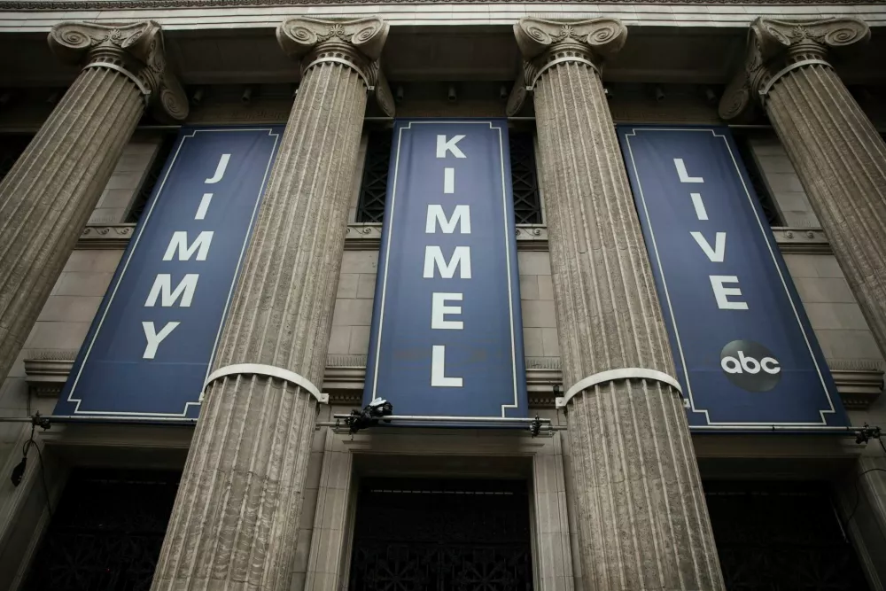 Signs read "Jimmy Kimmel Live" at the El Capitan Entertainment Centre, where "Jimmy Kimmel Live!" is recorded for broadcast, on Hollywood Boulevard in Los Angeles, California, U.S. September 17, 2025. REUTERS/Daniel Cole