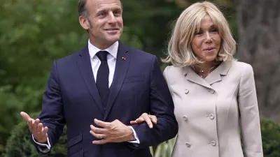 FILE - French President Emmanuel Macron and wife Brigitte arrive at 10 Downing Street in London, Wednesday, July 9, 2025.(AP Photo/Alberto Pezzali, Pool, File)