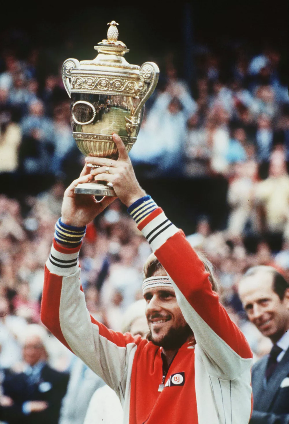 FILE - Sweden's tennis star Bjorn Borg gestures his elation after winning the match point in his final of the Mens' Singles, defeating John McEnroe to gain his fifth consecutive win in the annual Wimbledon championships. Borg's win is worth pounds 20.000 prize money. (AP-Photo/Adam Stoltman, File)