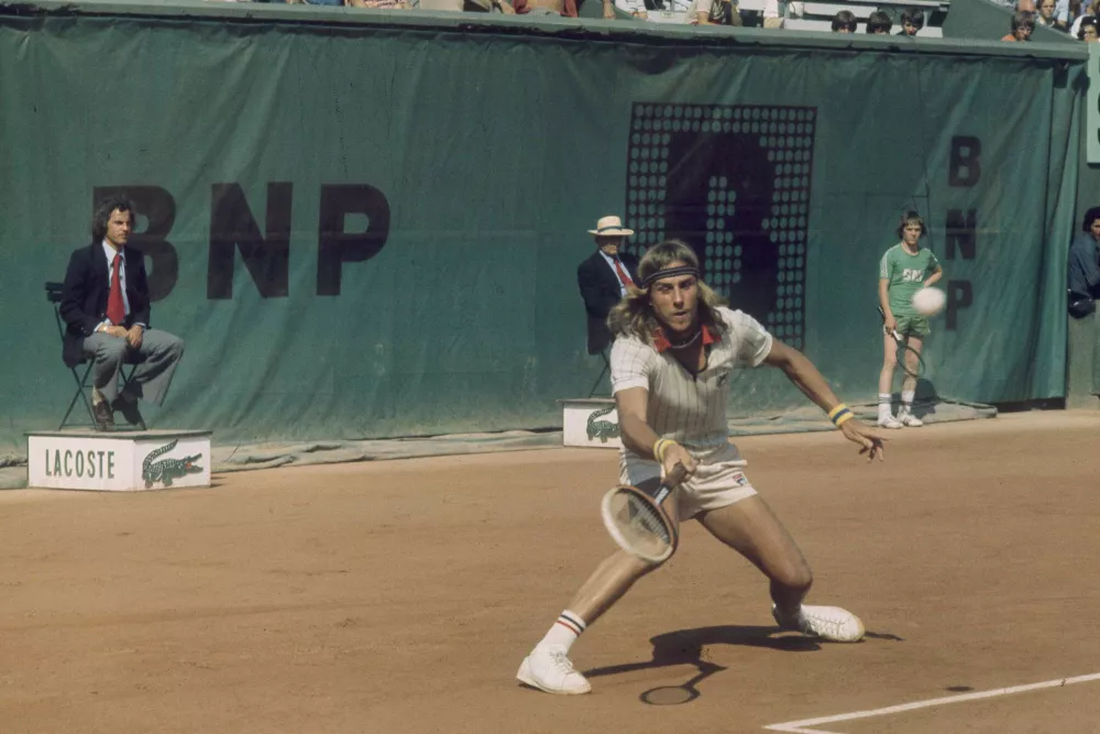 FILE - Björn Borg, of Sweden, competes at the French Open Tennis Championships at Roland Garros Stadium, June 1976. (AP Photo/GK, File)