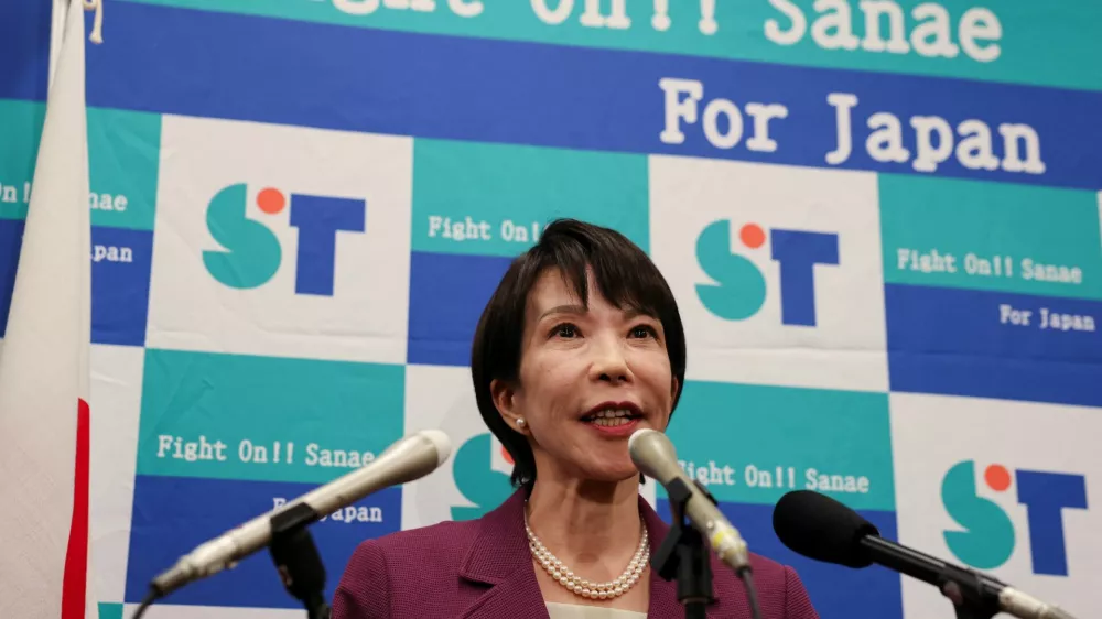 Sanae Takaichi, a veteran Japanese lawmaker and fiscal dove, speaks to reporters about her running in the ruling Liberal Democratic Party leadership race in Tokyo, Japan, September 18, 2025. REUTERS/Kim Kyung-Hoon