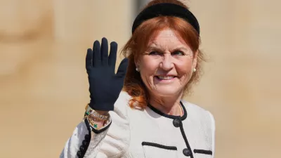 FILE - Sarah Ferguson waves the to the crowd was she attends the Easter Matins Service at St. George's Chapel, Windsor Castle, England, on April 20, 2025. (AP Photo/Kirsty Wigglesworth, Pool, File)