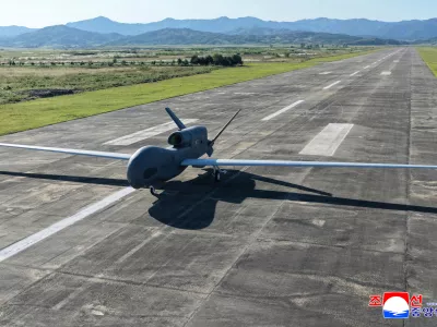 This photo provided by the North Korean government, shows a drone which North Korean leader im Jong Un supervised at an undisclosed place in North Korea Thursday, Sept. 18, 2025. Independent journalists were not given access to cover the event depicted in this image distributed by the North Korean government. The content of this image is as provided and cannot be independently verified. Korean language watermark on image as provided by source reads: "KCNA" which is the abbreviation for Korean Central News Agency. (Korean Central News Agency/Korea News Service via AP)