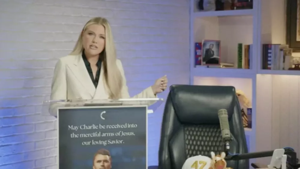 Picture MUST credit: Turning Point USA The wife of murdered US activist Charlie Kirk has spoken publicly for the first time since her husband's assassination. And she vowed to continue the political movement, Turning Point USA, her husband started. Erika Kirk stood next to the empty chair once used by Charlie in his studio while she addressed an online audience. She had to pause several times to catch her breath and wipe away tears. She declared: "'Charlie, I promise I will never let your legacy die, baby. "I promise I'll make Turning Point USA the biggest thing that this nation has ever seen.'     Wearing an emerald green shirt and white blazer, Erika Kirk thanked President Donald Trump and his family for their support. She said: "'Mr President, my husband loved you and he knew that you loved him too. He did. Your friendship was amazing. You supported him so well, as did he for you." She also thanked Vice-President JD Vance and his wife Usha for accompanying his coffin which she called "bringing him home." Picture supplied by JLPPA,Image: 1036843171, License: Rights-managed, Restrictions:, Model Release: no