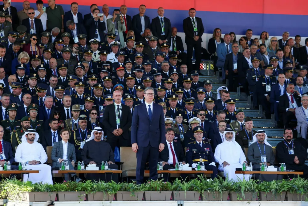 Serbian President Aleksandar Vucic, Serbian officials, and other guests attend a military parade in Belgrade, Serbia, September 20, 2025. REUTERS/Zorana Jevtic