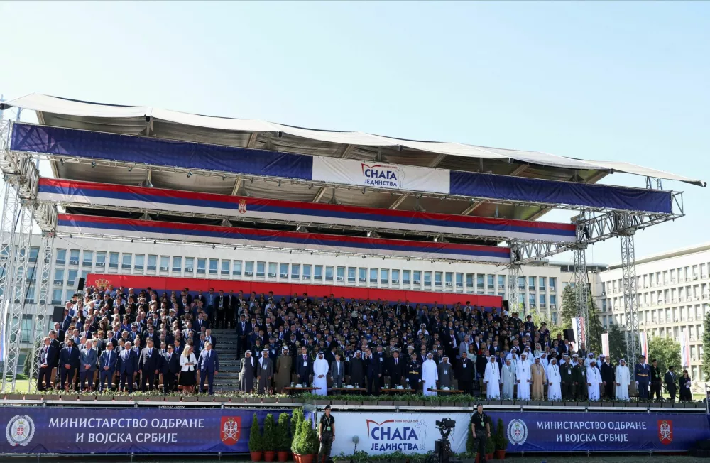 Serbian President Aleksandar Vucic, Serbian officials, and other guests attend a military parade in Belgrade, Serbia, September 20, 2025. REUTERS/Zorana Jevtic