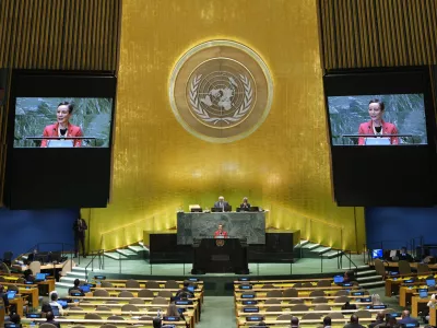 FILE - Jamaica's Minister for Foreign Affairs and Foreign Trade Kamina Johnson Smith addresses the 79th session of the United Nations General Assembly, Friday, Sept. 27, 2024. (AP Photo/Pamela Smith, File)