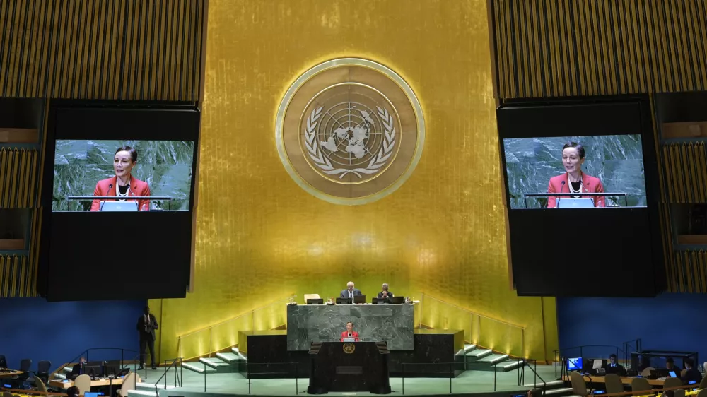 FILE - Jamaica's Minister for Foreign Affairs and Foreign Trade Kamina Johnson Smith addresses the 79th session of the United Nations General Assembly, Friday, Sept. 27, 2024. (AP Photo/Pamela Smith, File)