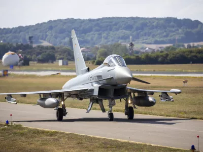 FILE - A German Eurofighter gets ready for takeoff at Neuburg Air Base in Neuburg An Der Donau, Germany, Monday Aug. 15, 2022. (Daniel Karmann/dpa via AP, File)