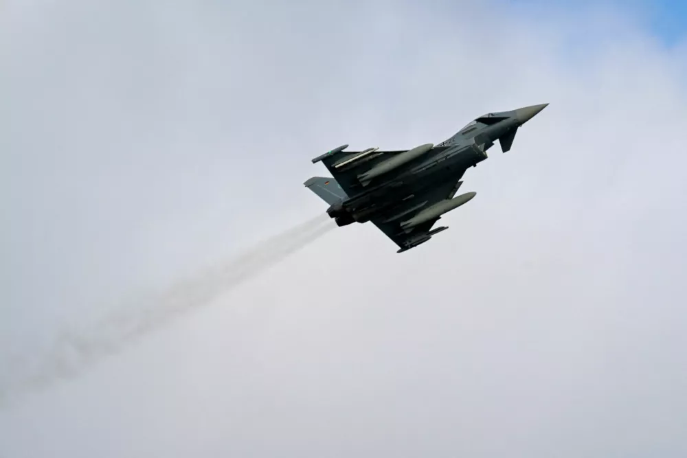 A Eurofighter jet flies during exercises of the German naval forces in Eckernfoerde, Germany, February 21, 2023. REUTERS/Fabian Bimmer