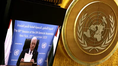 Palestinian President Mahmoud Abbas addresses the 80th United Nations General Assembly via video, at U.N. headquarters in New York, U.S., September 25, 2025. REUTERS/Caitlin Ochs   TPX IMAGES OF THE DAY