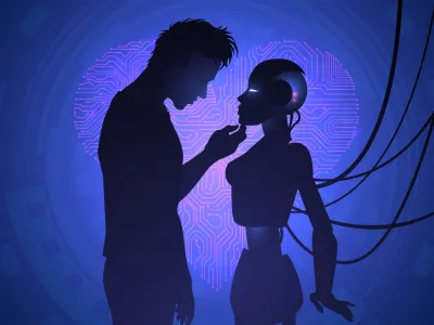 Silhouette of a pair of man and robot woman us against the background of blue light and heart. Cyber love concept / Foto: Lidiia Moor