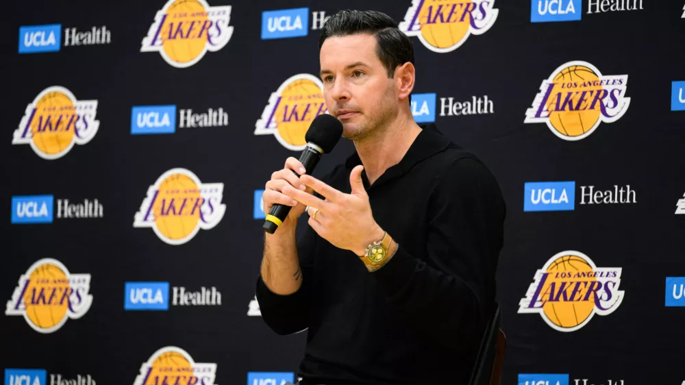 Sep 25, 2025; El Segundo, CA, USA; Los Angeles Lakers head coach JJ Redick speaks during a press conference to preview the 2025-26 season at UCLA Health Training Center. Mandatory Credit: William Liang-Imagn Images