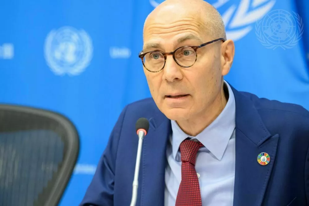 Volker Türk, United Nations High Commissioner for Human Rights, briefs reporters after he presented a report to the Third Committee at UN Headquarters.